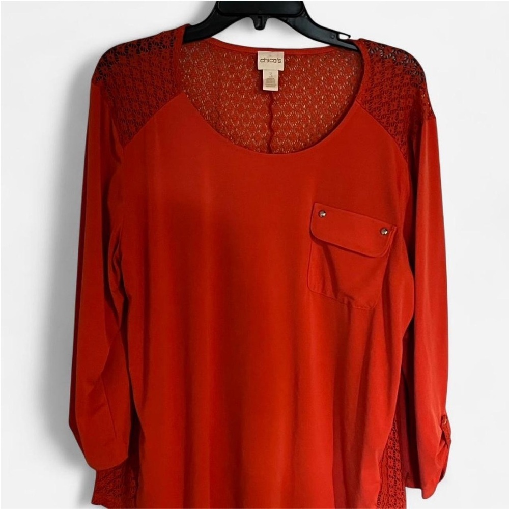 Chico’s Womens Orange Blouse Tunic Roll Tab Sleeve Crochet Lace Back, Size XL/3